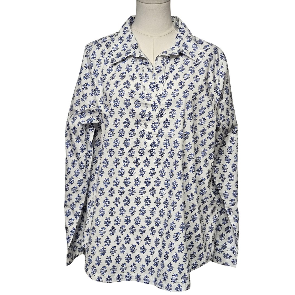 St. John's Bay Blouse Womens Large White Blue Floral Long Sleeve Cotton Top